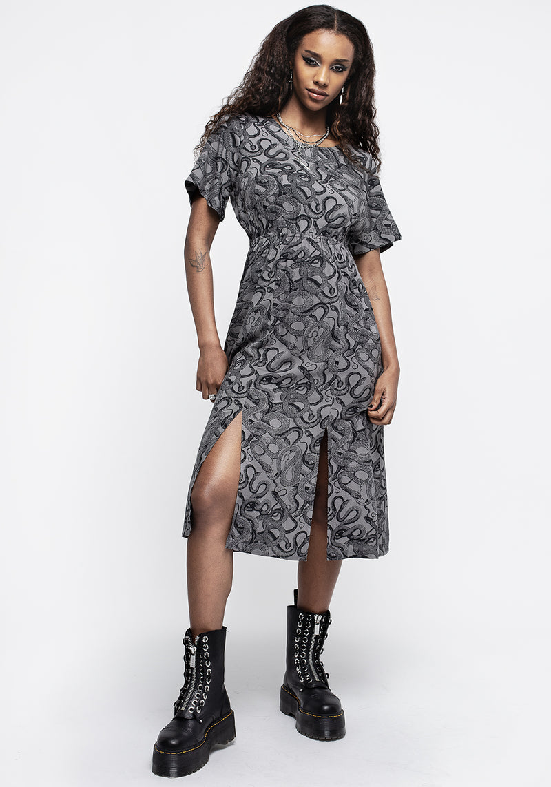 Ophidia Snakes Print Open Back Midi Dress - Grey