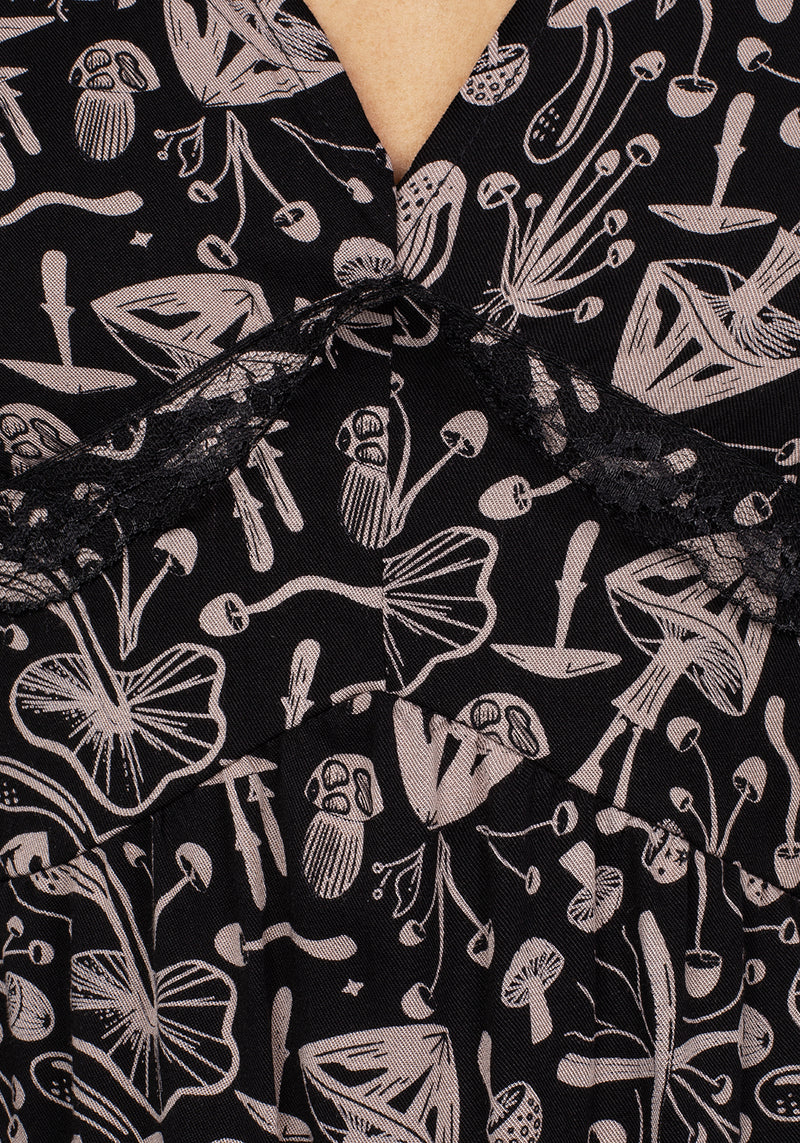Mycophile Mushroom Print Mini Ruffle Dress