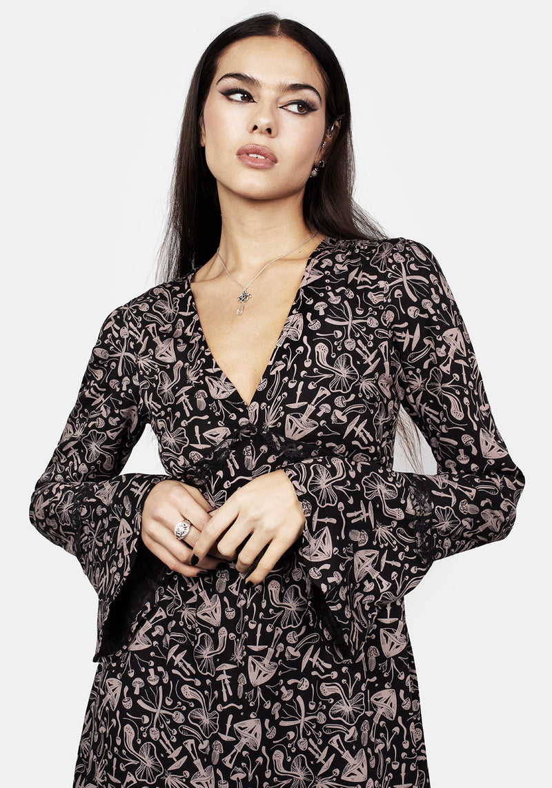 Mycophile Mushroom Print Mini Ruffle Dress