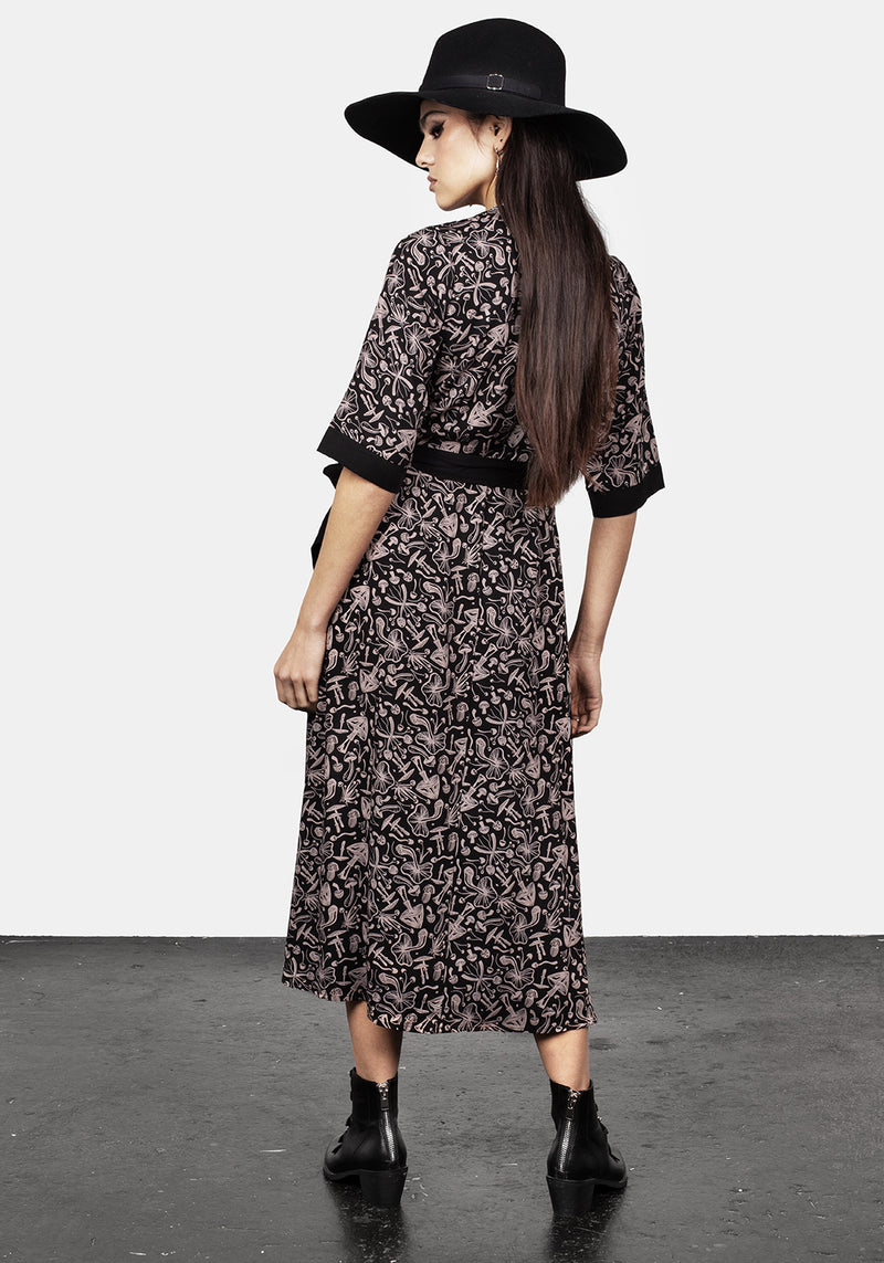 Mycophile Mushroom Print Wrap Midi Dress