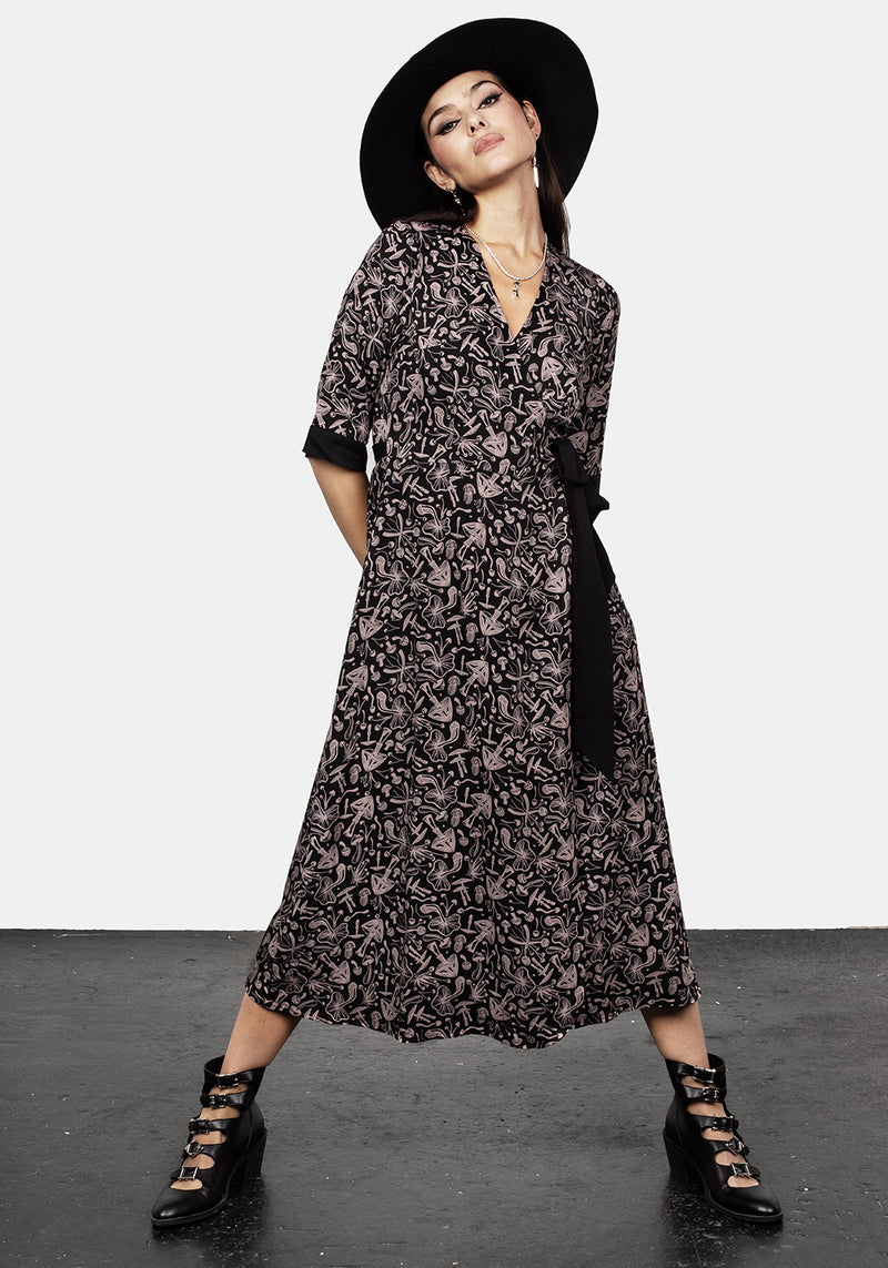 Mycophile Mushroom Print Wrap Midi Dress