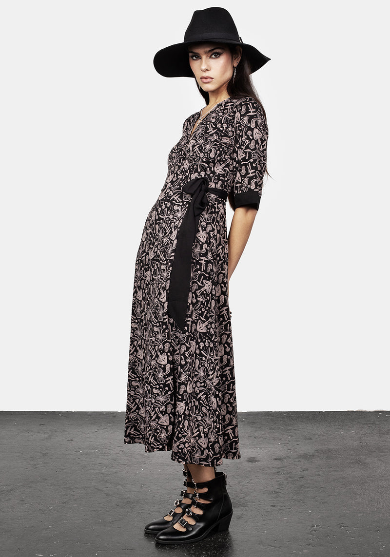 Mycophile Mushroom Print Wrap Midi Dress
