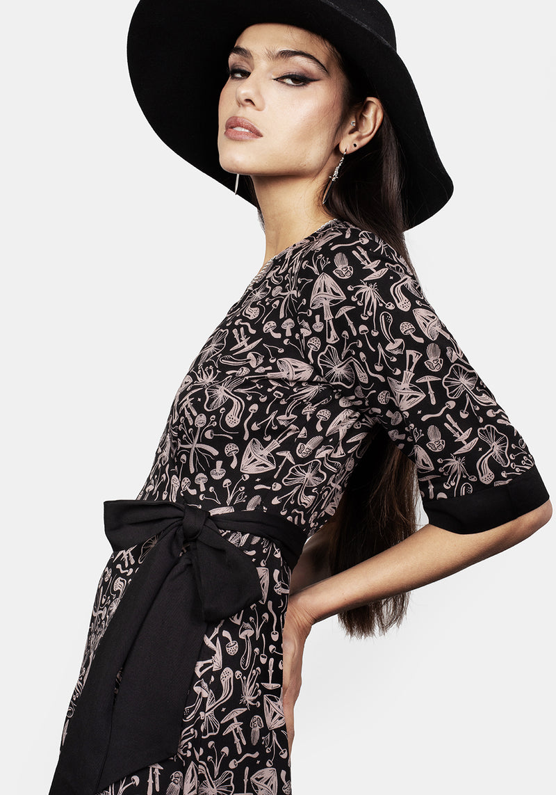 Mycophile Mushroom Print Wrap Midi Dress