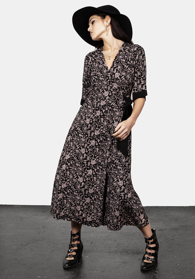 Mycophile Mushroom Print Wrap Midi Dress
