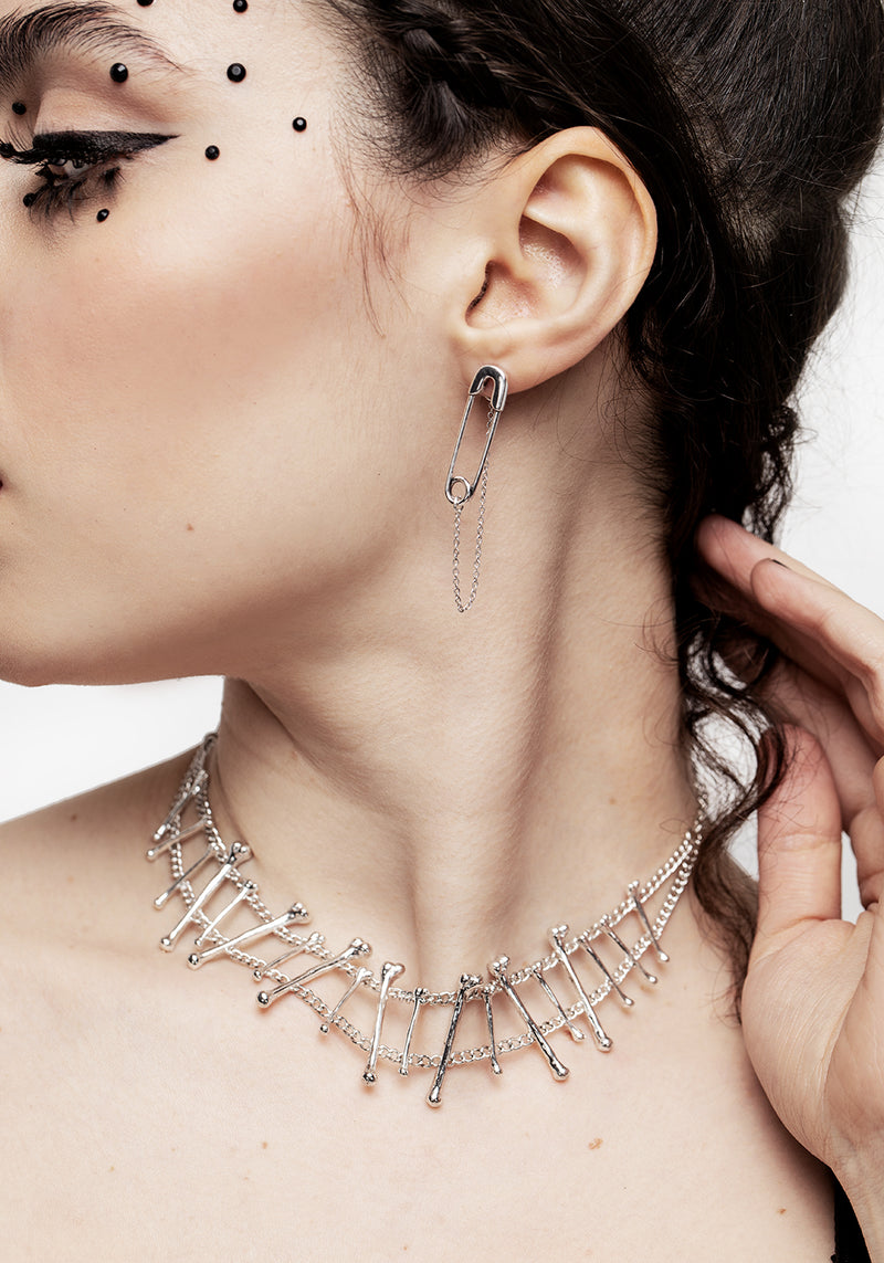 Vicious Silver Plated Safety Pin Stud Earrings With Chain