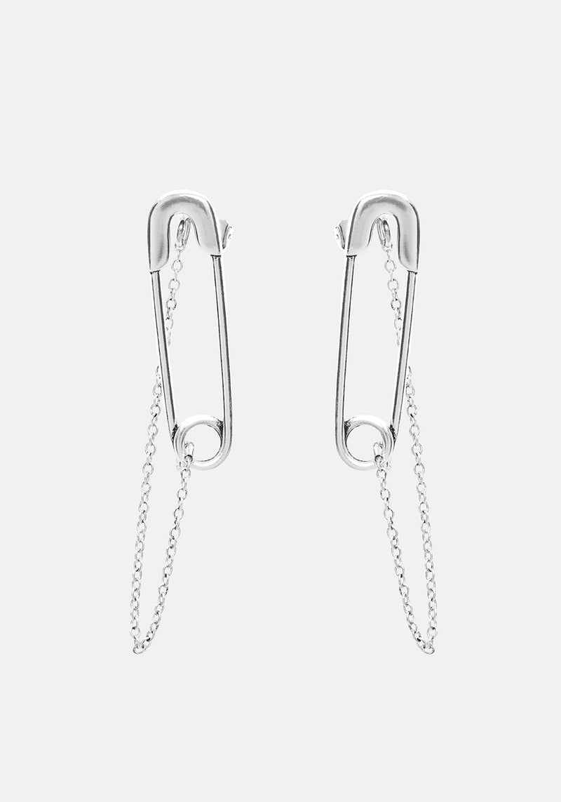 Vicious Silver Plated Safety Pin Stud Earrings With Chain